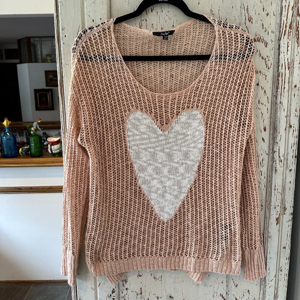Papaya Pink Open-Knit Scoop Neck Sweater with White Heart Size S/M